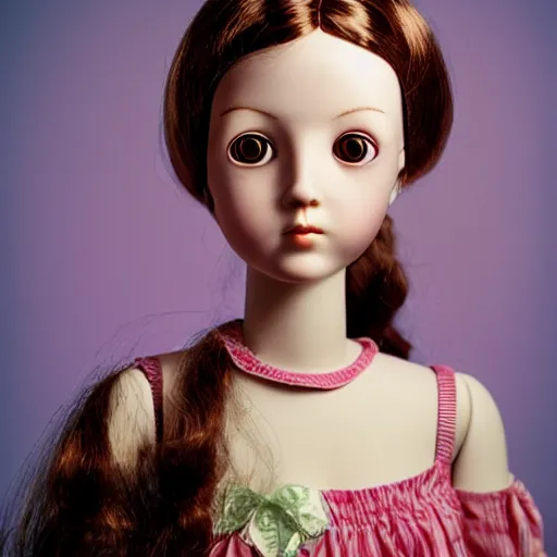 Prompt: head and shoulders portrait of a doll-like girl doing ASMR with hand movements, color Graflex photograph by Mark Ryden