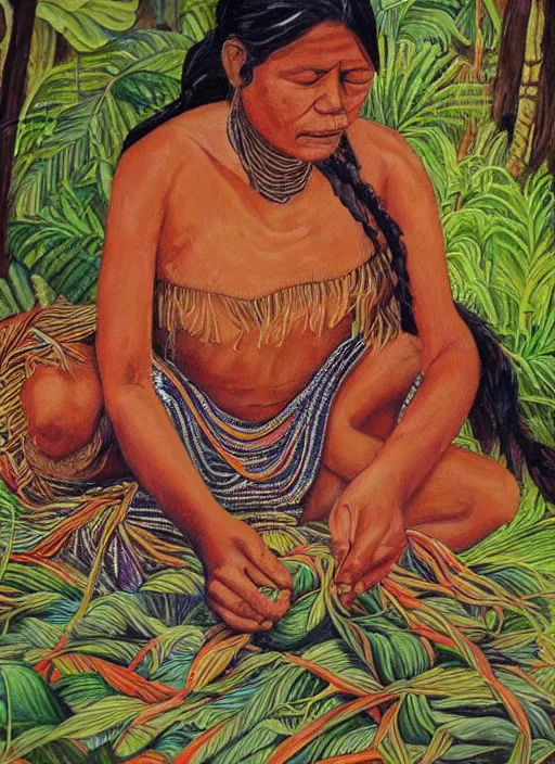 Image similar to a beautiful painting of an indigenous female doing crafting of a fabric in the jungle, realistic face, ayahuasca