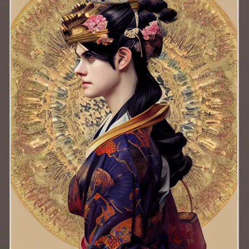 Image similar to a photorealistic dramatic fantasy render of a beautiful woman alexandra daddario wearing a beautiful intricately detailed japanese monkey kitsune mask and clasical japanese kimono by wlop, artgerm, greg rutkowski, alphonse mucha, epic, beautiful dynamic dramatic dark moody lighting, shadows, cinematic atmosphere, artstation, concept design art, octane render, 8 k