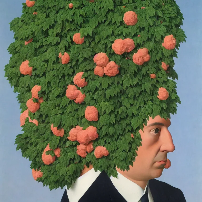 Image similar to portrait of a man, face hidden by beautiful flowers, by rene magritte, detailed painting, hd, hq, high resolution, high detail, 4 k, 8 k