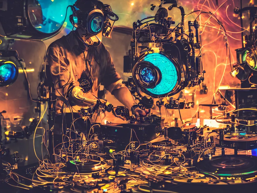 Image similar to a person wearing goggles and visor and headphones using a steampunk record player contraption, wires and tubes, turntablism dj scratching, intricate planetary gears, cinematic, imax, sharp focus, leds, bokeh, iridescent, black light, fog machine, hazy, lasers, hyper color digital art, cyberpunk