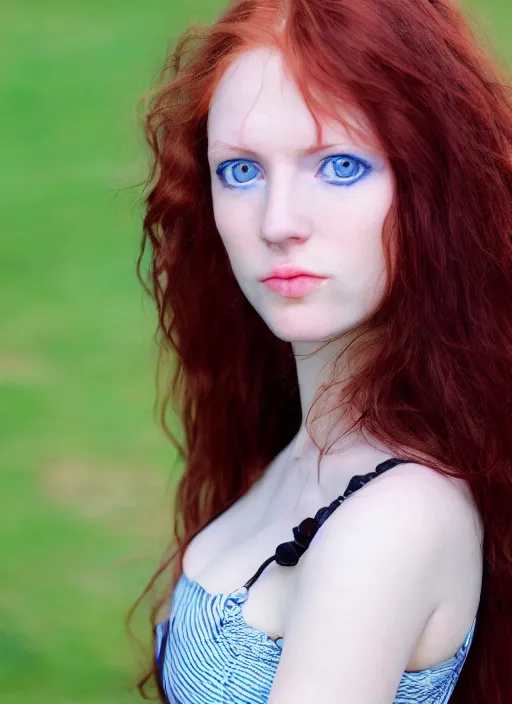 Image similar to close up portrait of a ( thin young redhead woman with russian descent, sunbathed skin, with ( intricate symmetrical deep blue eyes with ( round black pupils ) ) and ( wavy long maroon colored hair ) who looks directly at the camera with a ( slightly open mouth ) ). face takes up half of the photo. a park visible in the background. by luis royo.