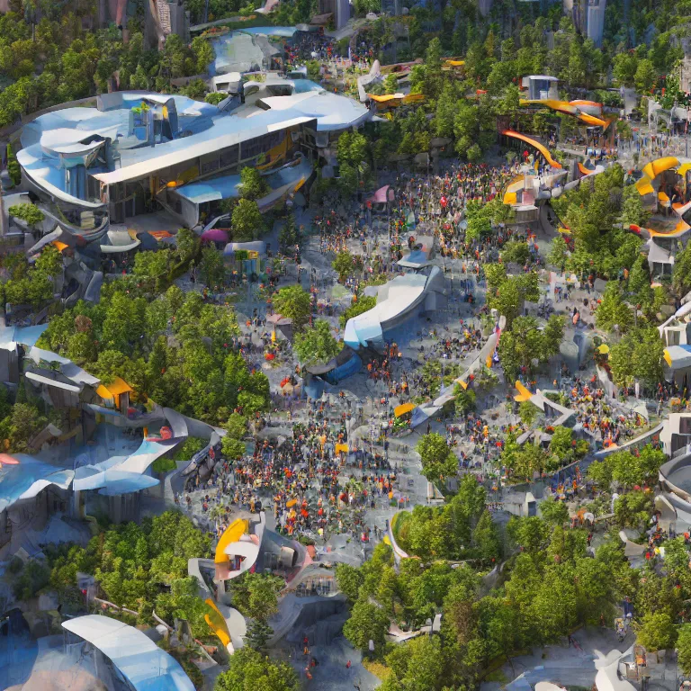 Image similar to environment concept art location of a giant outdoor amphitheater in a modern eco-city located in Aspen Colorado, skybridges, turrets, crowded, hundreds of pedestrians, sunbeams, bold bright colors, unreal engine, detailed, octane render, 4k, photorealistic, cinematic lighting