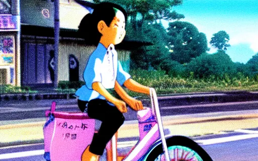 Image similar to a young girl riding a bike in a small town, 1970s philippines, art by hayao miyazaki, studio ghibli film, hi res, 4k