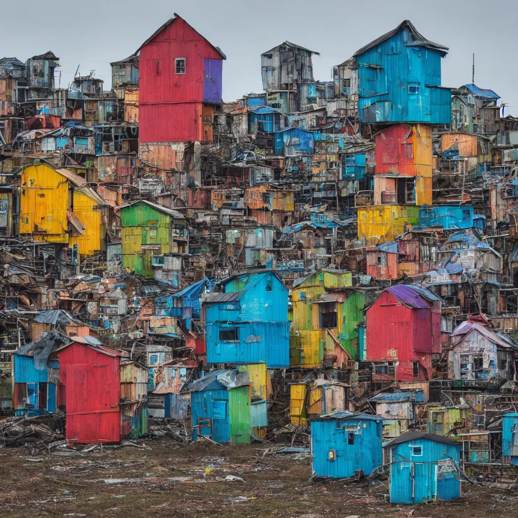 Image similar to a tower made up of colourful makeshift squatter shacks, dystopia, sony a 7 r 3, f 1 1, fully frontal view, photographed by tekla evelina severin, ultra detailed,