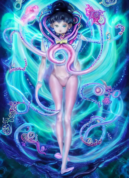 Image similar to A full shot of a sailor moon inspired Kawaii sea creature from the Abyss covered and opals and tentacles. Fully Clothed. F1.4. Symmetrical. Dark Smoke and VFX. Caustics refraction. Prism light. Demon Horns, Angel Wings, By Lisa Frank and Giger and Ruan Jia and Artgerm and Range Murata and WLOP. Key Art. Fantasy Illustration. award winning, Artstation, intricate details, realistic, Hyperdetailed, 8k resolution.