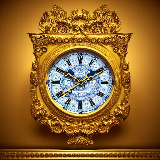 Image similar to an ornate golden wall clock in blue room, digital art, highly detailed, high contrast, beautiful lighting, award winning, trending on art station, photorealistic, 8 k,