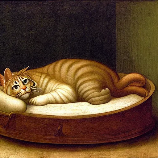 Image similar to garfield in his bed by leonardo davinci