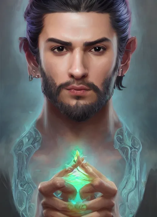 Image similar to character concept portrait of a handsome young evil hispanic wizard with olive skin casting a necromancy spell, a magic iridescent spell book in the center, intricate, elegant, digital painting, concept art, smooth, sharp focus, illustration, from Metal Gear, by Ruan Jia and Mandy Jurgens and Artgerm and William-Adolphe Bouguereau