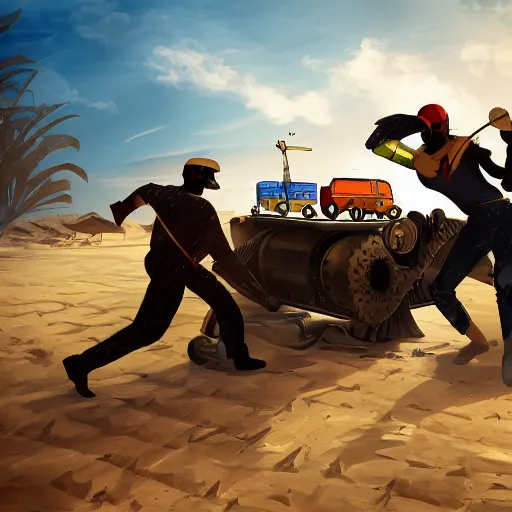 Prompt: a triumphant fight! a video game fight in the desert on top of train cars. trending on art station, 8 k resolution.