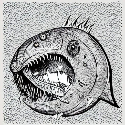 Prompt: illustration of an angler fish, in the stle of yoshi yoshitani, deep sea, large mouth filled with pointed teeth, stylized linework, ornamentation, artistic, color