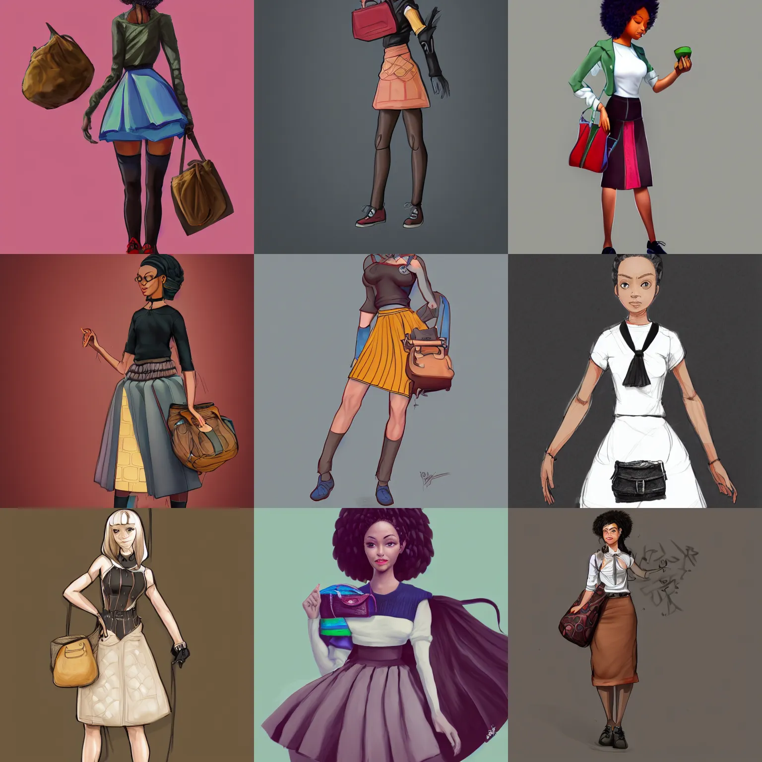 Prompt: a drawing of a woman in a skirt holding a bag, a character portrait by senior character artist, trending on artstation, afrofuturism, concept art, artstation hd, 2 d game art