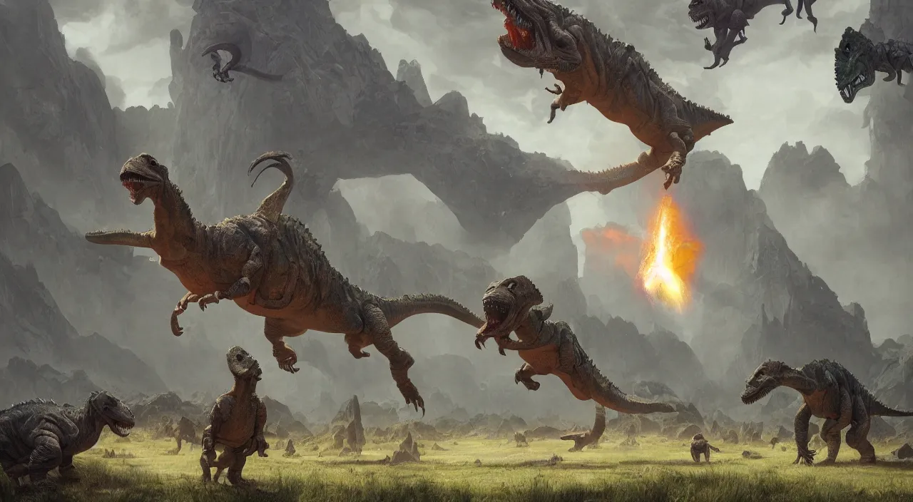 Image similar to technicolor dinosaurs, glowing with magic, surrounded by slate grey walls, matte painting, fantasy art, concept art, greg rutkowski, james gurney, johannes voss, hasui kawase.