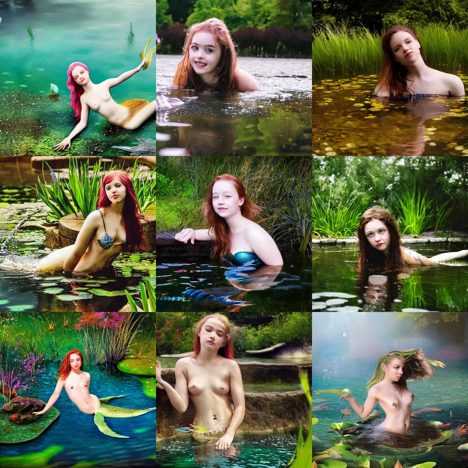 Prompt: a young mermaid in the pond, hyper realistic, photograph