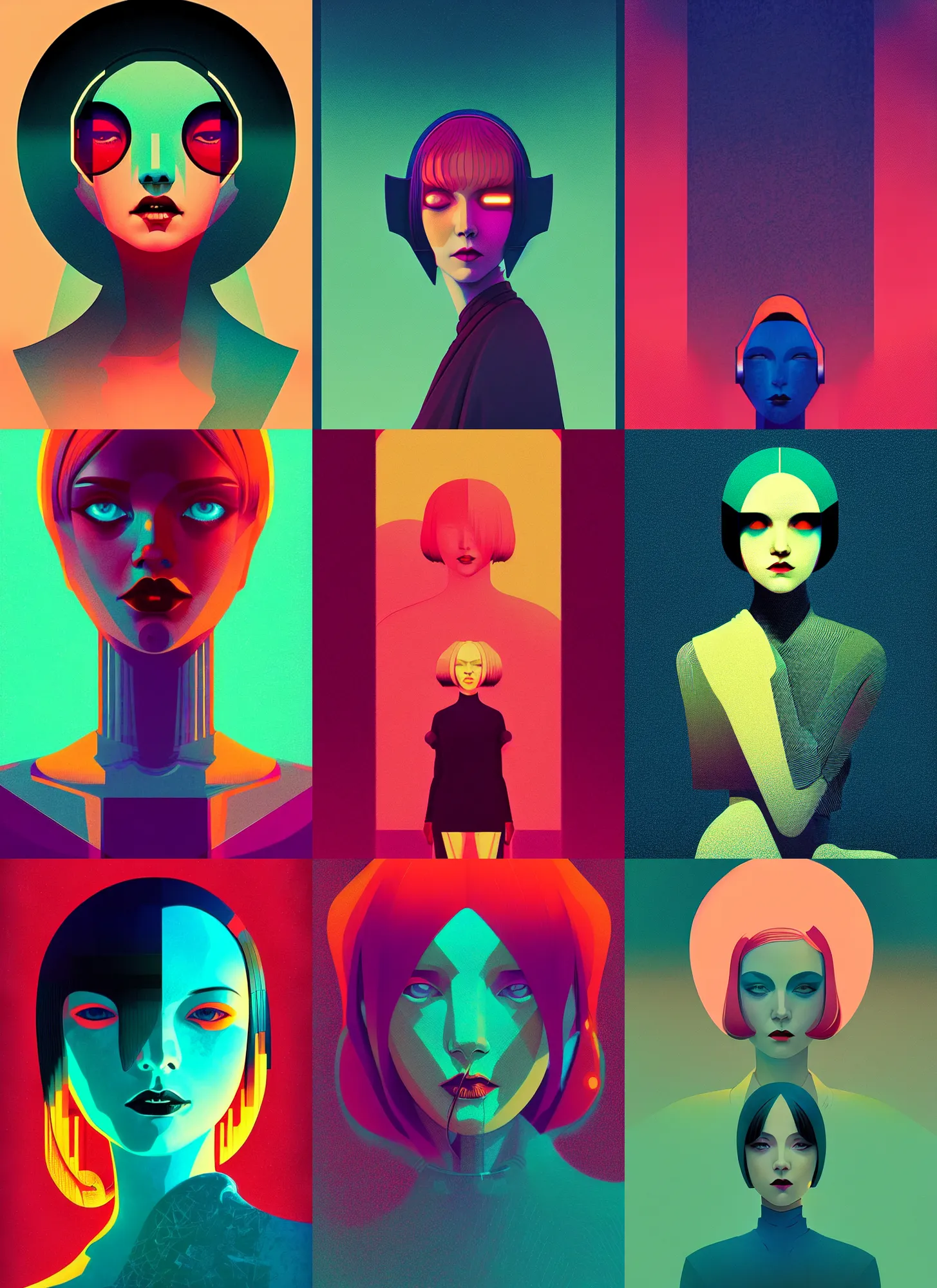 Prompt: ( ( dither ) ), editorial illustration portrait a woman like reol, modern art deco, colorful, ( ( mads berg ) ), christopher balaskas, victo ngai, rich grainy texture, detailed, dynamic composition, wide angle, moebius, matte print, volumetric