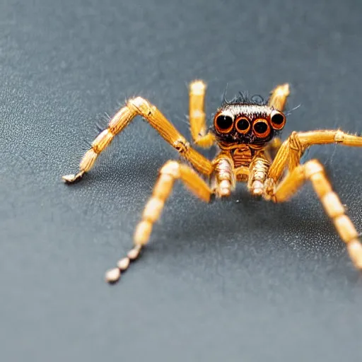 Prompt: cyborg jumping spider, mechanical legs