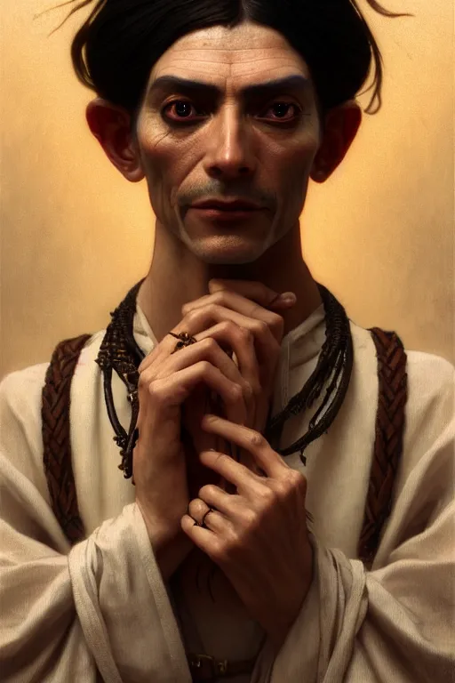 Prompt: ultra realistic, thin man in peasant clothes, black hair, brown eyes, occult jewelry, fantasy, intricate details, eerie, highly detailed, octane render, 8 k, art by artgerm and alphonse mucha and greg rutkowski