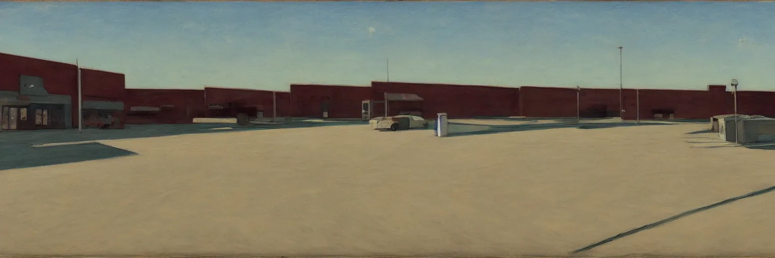 Image similar to bleak and deserted parking lot behind a North American suburban strip mall by Edward Hopper