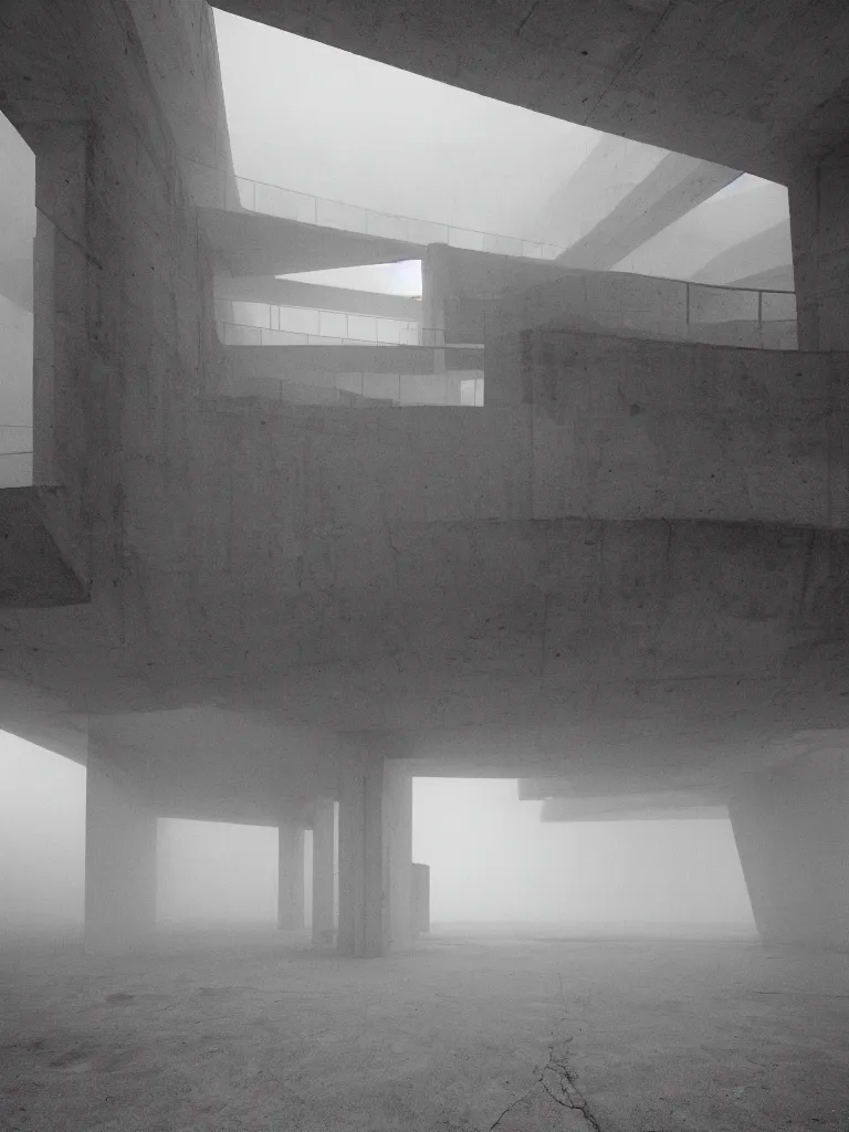 Image similar to High resolution black and white photograph with a 35mm F/5.0 lens of a brutalist architectural building in Bulgaria in the 1980s in the middle of a deserted nowhere while foggy and cloudy.