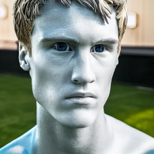 Image similar to a realistic detailed photo of a guy who is an attractive humanoid who is half robot and half humanoid, who is a male android, soccer player martin ødegaard, shiny skin, posing like a statue, blank stare, by the pool, on display, showing off his muscles, humanoid robot, frozen ice statue