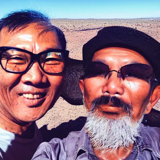 Prompt: selfie taken by an old Asian dad in the middle of the desert, photo