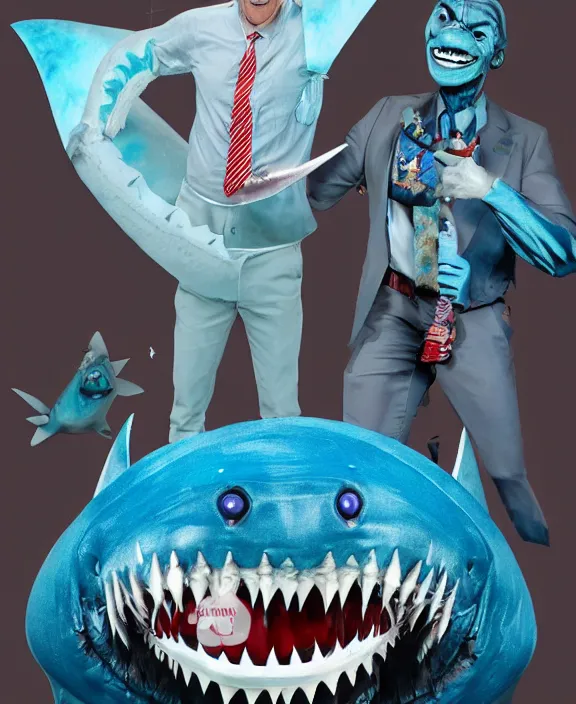 Image similar to joe biden nightmare fuel, shark man, shark costume, shark fin, sharp teeth, big smile, blue skin, ( ( claymation ) ), iridescent accents, by simon stalenberg by and artgerm