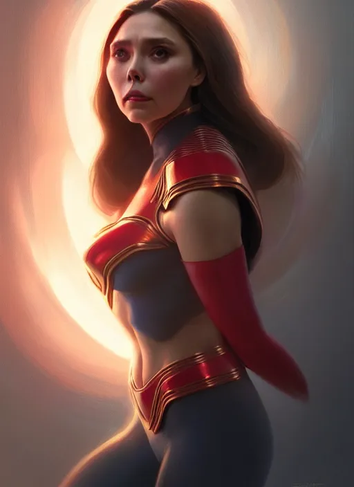 Image similar to portrait of modern darna, elizabeth olsen, intricate, elegant, glowing lights, highly detailed, digital painting, artstation, glamor pose, concept art, smooth, sharp focus, illustration, art by wlop, mars ravelo and greg rutkowski