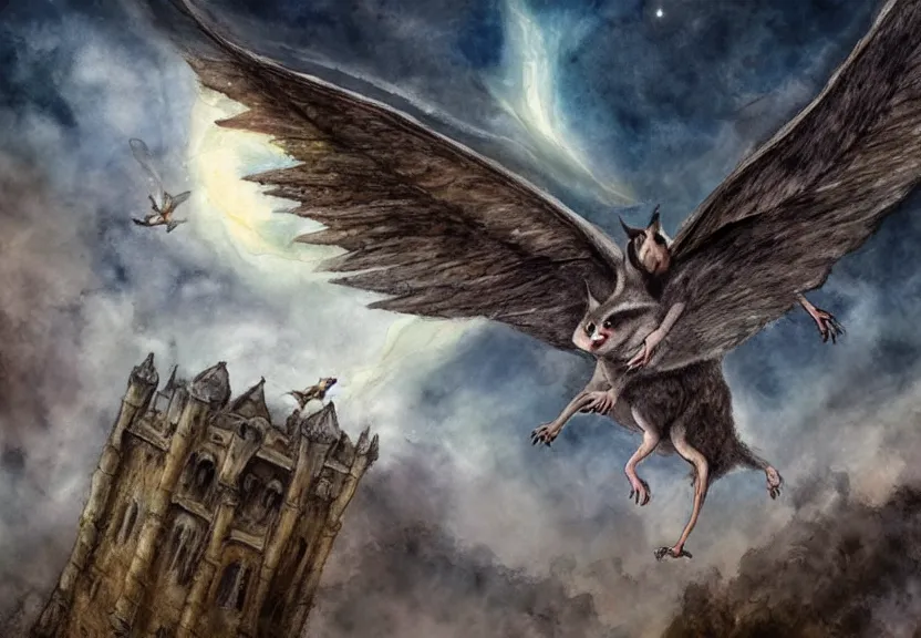 Image similar to legendary winged possum flying over a medieval castle under a dark starred sky, dark fantasy, watercolor, dreaming illusion, highly detailed, 4k, trending on Artstation, award-winning