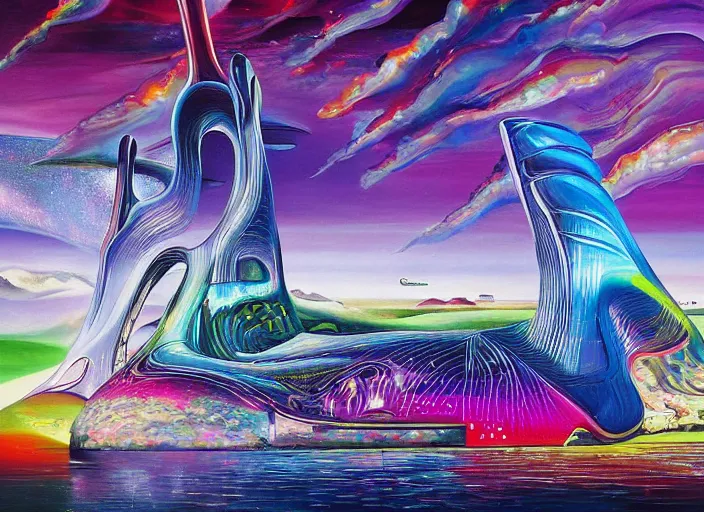 Prompt: an extremely high quality hd surrealism painting of a 3d galactic neon complimentary-colored cartoon surrealism melting optically illusiony high-contrast zaha hadid futuristic city concept by kandsky and salvia dali the second, salvador dali's much much much much more talented painter cousin, clear shapes, 8k, realistic shading, ultra realistic, super realistic