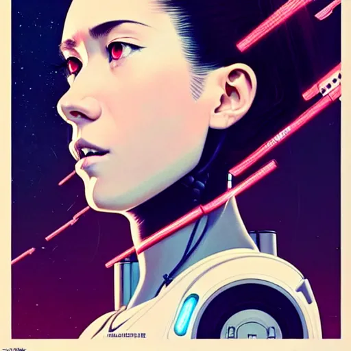 Image similar to side portrait scifi cyborg girl with robotic parts and spacesuit | | head only in center of image, audrey plaza, fine detail!! anime!! realistic shaded lighting!! poster by ilya kuvshinov katsuhiro otomo ghost - in - the - shell, magali villeneuve, artgerm, jeremy lipkin and michael garmash and rob rey