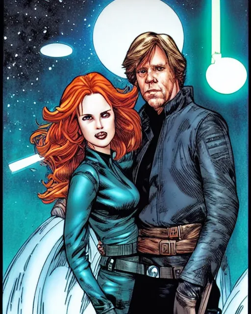 Image similar to mara jade and luke skywalker, cover art by jim lee