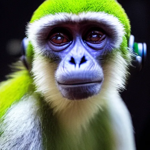 Image similar to a photo of a green monkey wearing headphones