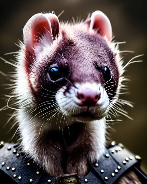 Prompt: ferret warrior, furry, fantasy, viking, high detailed, photography, cloudy, lightweight leather armour, scandinavia, plain, detailed face, look into the distance, serious face, full body, in full growth, professional photographer, masterpiece, 5 0 mm, extremely detailed, digital art 8 k