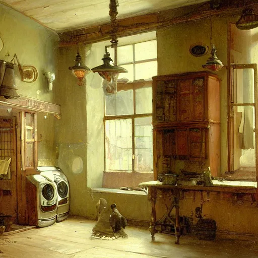 Prompt: detailed painting of a laundry room, floral ornaments, andreas achenbach,