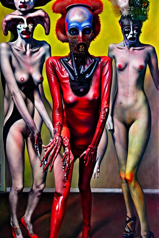 Prompt: crazy fashion catwalk, latex, constructivism, freak show, one model, crazy clothes, biopunk style, horror, hauntingly surreal, highly detailed painting by francis bacon, edward hopper, adrian ghenie, gerhard richter, and james jean 4 k