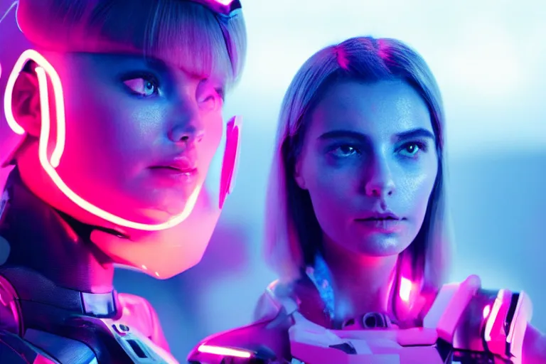 Image similar to VFX movie of a futuristic cyborg spacewoman gorgeous closeup portrait in high tech spaceship, beautiful natural skin neon lighting by Emmanuel Lubezki