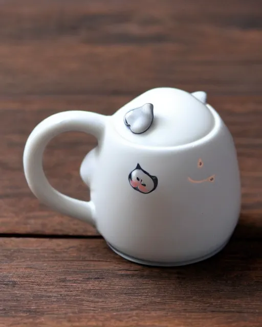Prompt: a creepy white tea kettle shaped like a cat with a little porcelain gray mouse on the tip of it's spout
