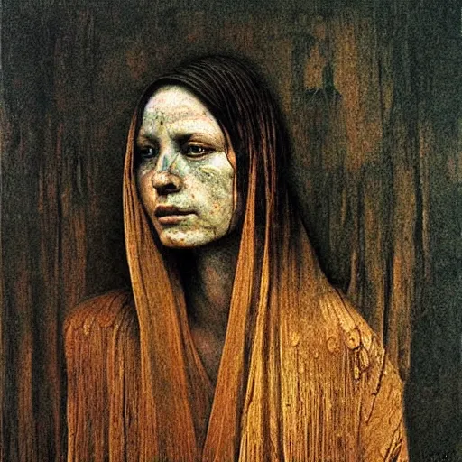 Prompt: portrait of 1500 years old girl, painting by Beksinski