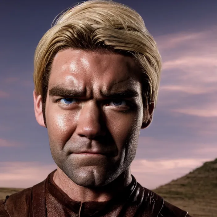 Prompt: portrait of old antony starr as homelander from the boys ( 2 0 1 9 ), slightly smiling. looking towards the camera, by brandon stanton. blonde hair. detailed, 4 k, morning hour.