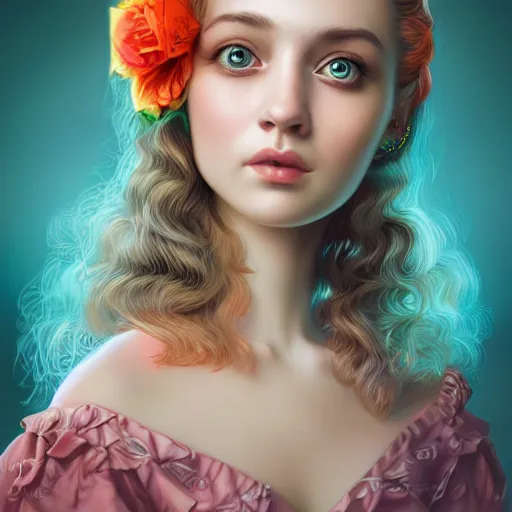 Prompt: a portrait of an beautiful young women, bright colors highly detailed, ultra realistic digital painting, rococo, artstation, concept art, pop, smooth, sharp focus, illustration, art by mark ryden 3 d 8 k ultra detailed