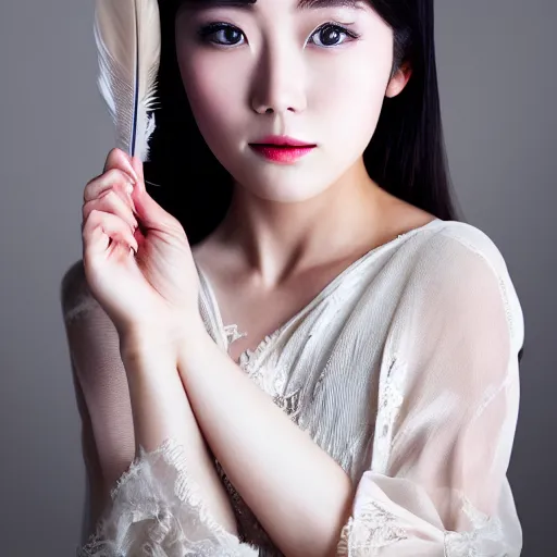 Image similar to photo portrait of beautiful Japanese women with perfect eyes and simetrical face, she have delicate traditional make up, feather in hand, cinematic light, shot by best Japanese portrait photographer 8k
