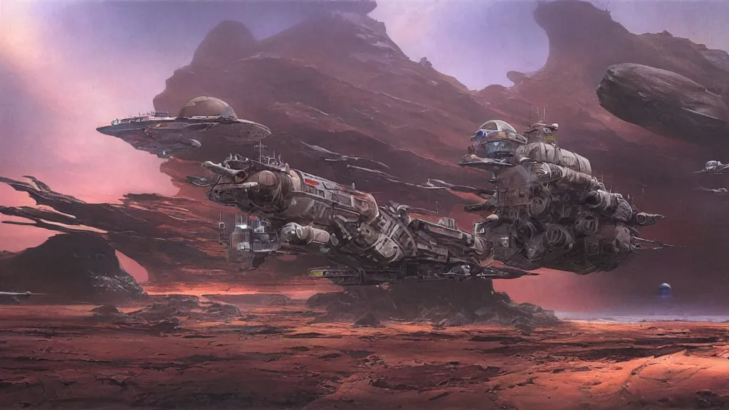 Image similar to small organic dropship lander by john schoenherr and jim burns, epic cinematic matte painting