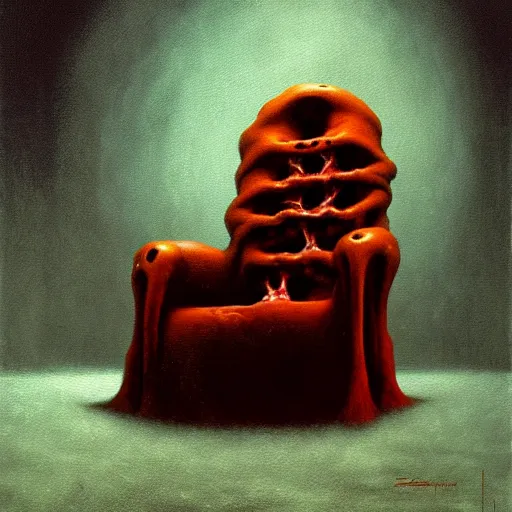 Image similar to horrifying eldritch gaming chair, painting by zdzisław beksinski, product photograph, 4 k, dark atmosphere, horror, veins, oozing