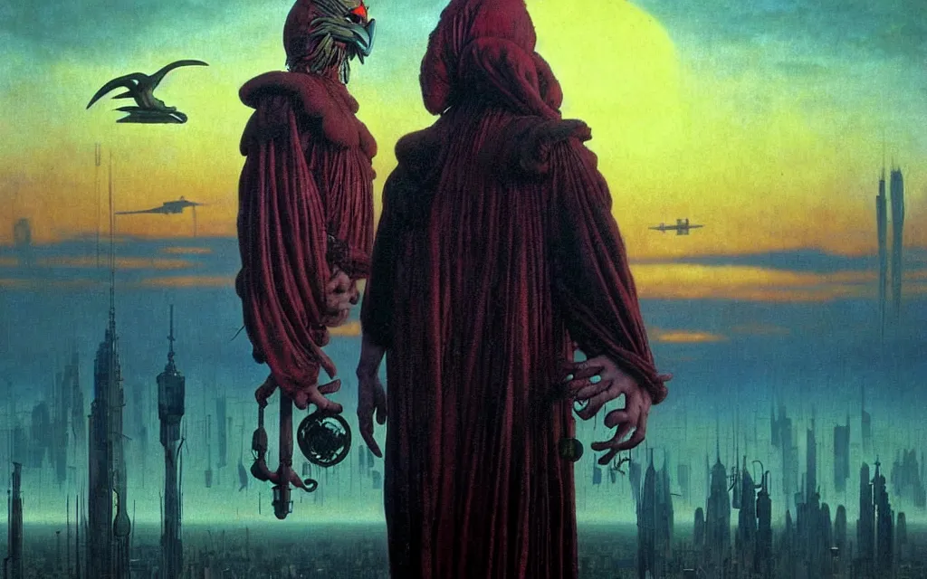 Image similar to realistic detailed portrait movie shot of a birdman wearing dark ragged robes, futuristic city sunset landscape background by denis villeneuve, amano, yves tanguy, alphonse mucha, ernst haeckel, max ernst, roger dean, rich moody colours, cinematic