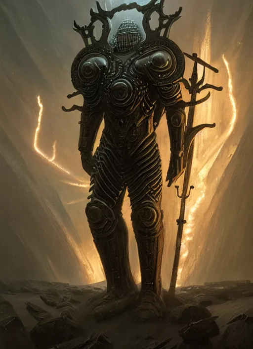 Prompt: masterpiece, nordic warrior with svalinn shield concept art, intricate matte painting, doom, elegant, majestic, epic, art by h. r. giger, greg rutkowski, josan gonzalez, alexey egorov, biomechanical armor, lightning, electricity sparks, glowing eyes