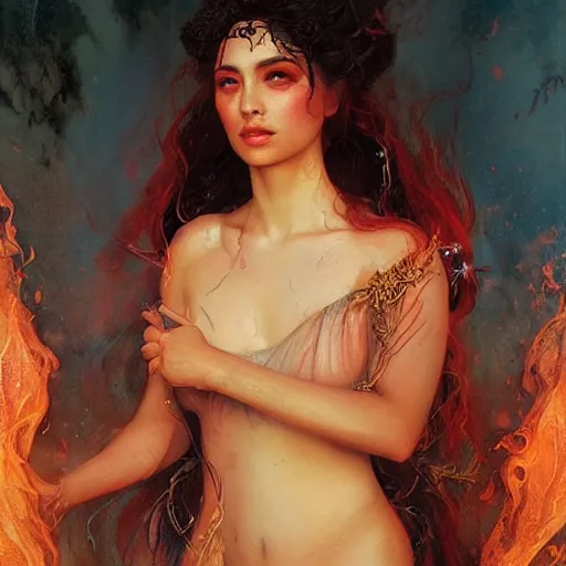 Image similar to epic masterpiece full body portrait a beautiful Persephone, queen of the underworld, with a beautiful face and flawless skin, cheeks wet with tears, in Hades, flames and smoke in background, raining ashes, by Edgar Maxence and Ross Tran and Michael Whelan