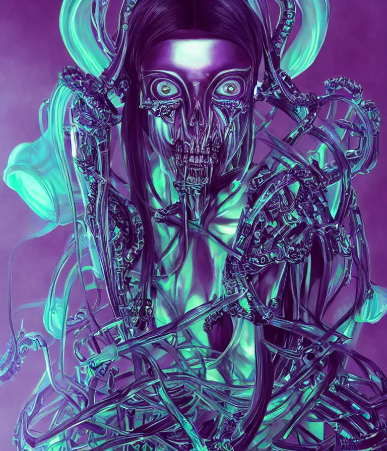 Image similar to fully symmetrical centered iridescent portrait of a beautiful princess demon in robe. skulls artificial muscles, ribcage, bones, hard surface modelling. cyberpunk look. biomechanical mask. bio luminescent biomechanical halo around head. neon jellyfish. artwork by jarold Sng by artgerm, by Eddie Mendoza, by Peter mohrbacher by tooth wu, unreal engine, octane render, cinematic light, high details, iridescent colors, dichroic, macro, depth of field, blur