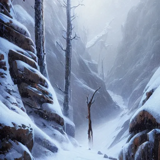 Image similar to an creature with long arms and long neck standing in the blizzardy mountains, Matte painting , detailed painting, greg rutkowski