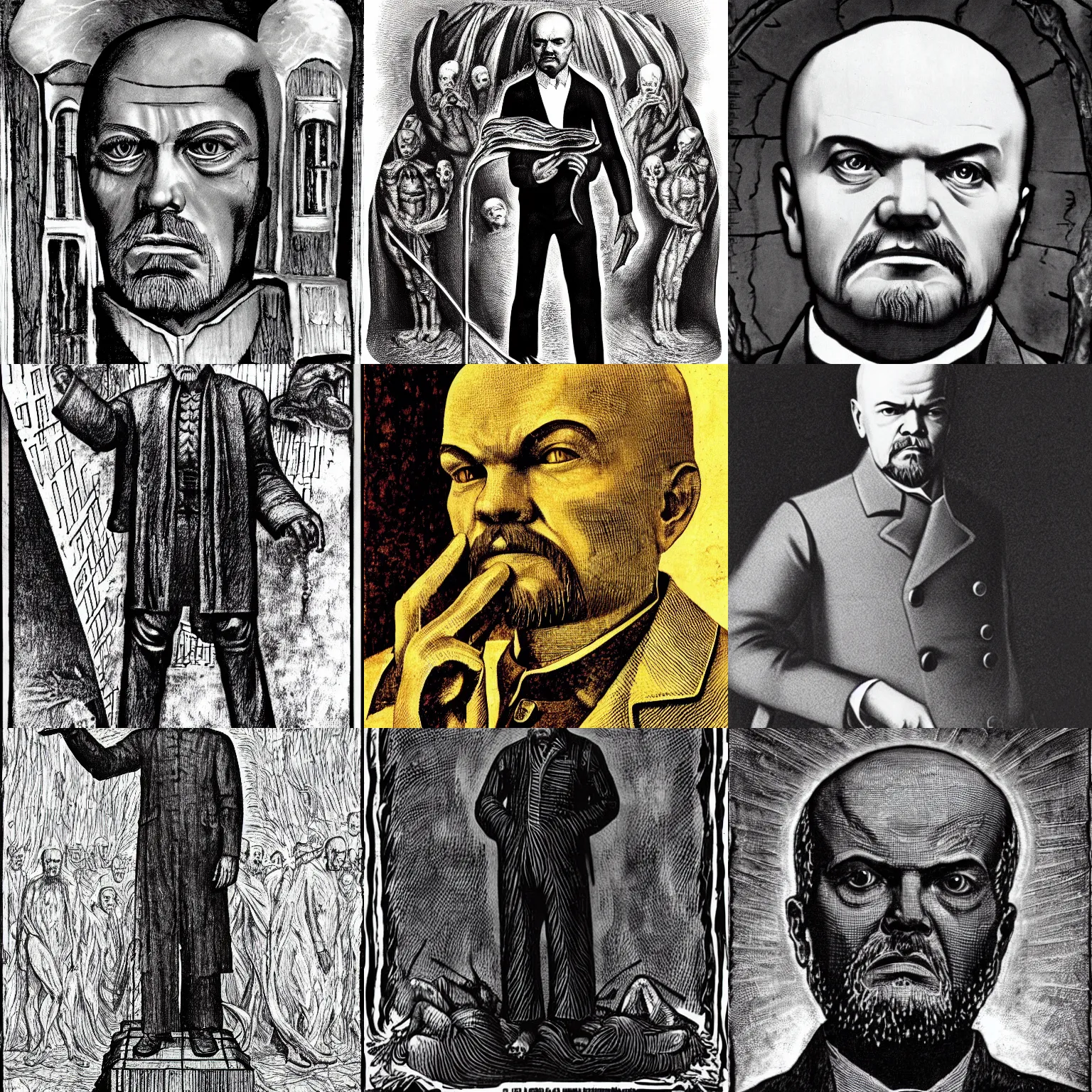 Prompt: Vladimir Lenin in Dante’s inferno in the style of H.R. Giger