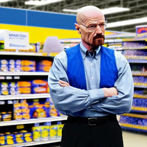 Image similar to walter white working at walmart, 4 k, high resolution, still, landscape, hd, dslr, hyper realistic